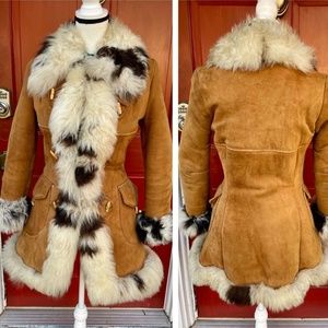 Vtg 70s MVB International Corp Penny Lane Cowprint Sheepskin Lined Suede Coat XS